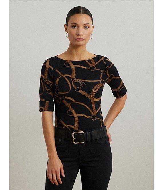 Lauren Ralph Lauren Belting Print Boat Neck Elbow Sleeve Fitted Tee Product Image