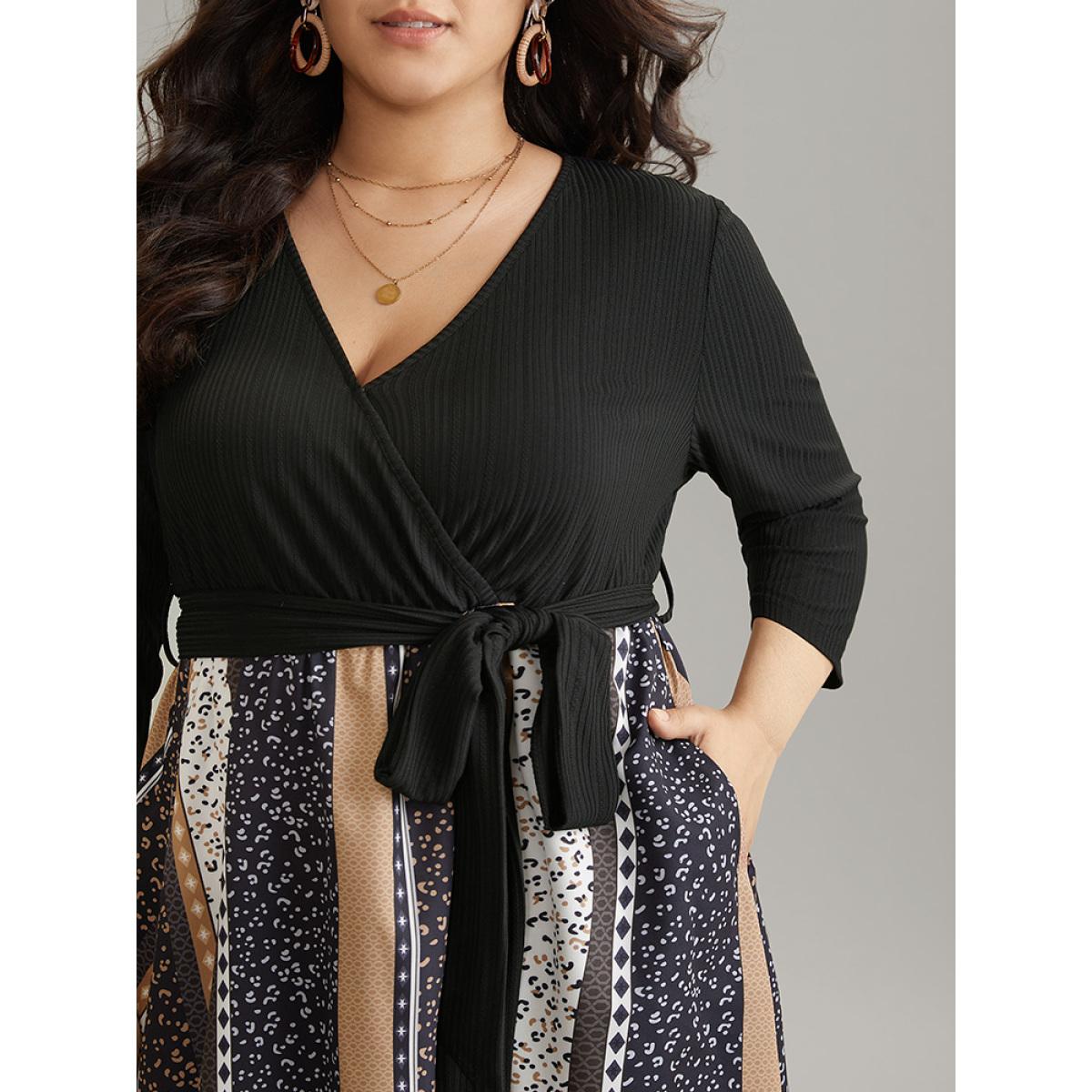 Plus Size Colorblock Striped Belted Pocket Patchwork Dress Leopard Women Vacation Texture Overlap Collar Elbow-length sleeve Curvy Midi Dress BloomChic 26/4X Product Image