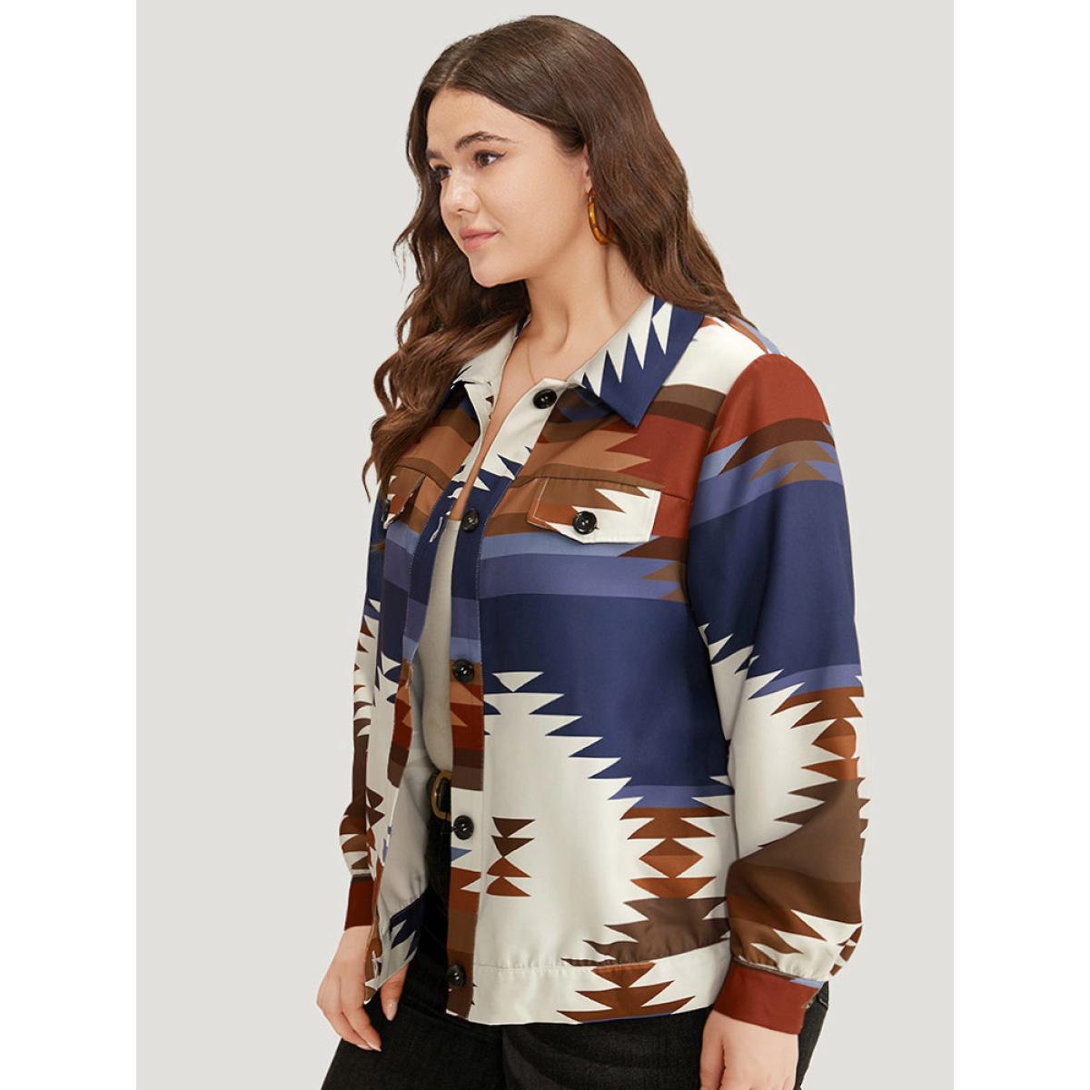 Plus Size Bandana Geometric Contrast Shirt Collar Shacket Women DarkBlue Contrast Dailywear Jackets BloomChic 18-20/2X Product Image