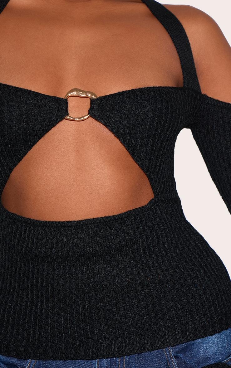 Black Bardot Halterneck Gold Trim Cross Stitch Knitted Top Product Image