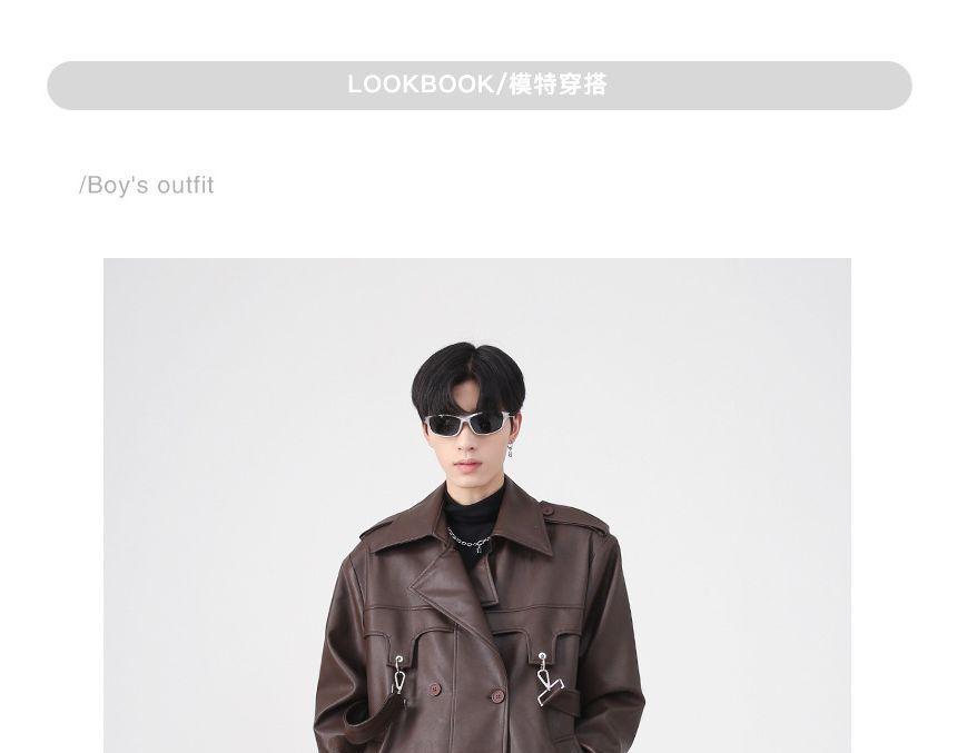 Lapel Collared Faux Leather Double Breasted Long Coat Product Image