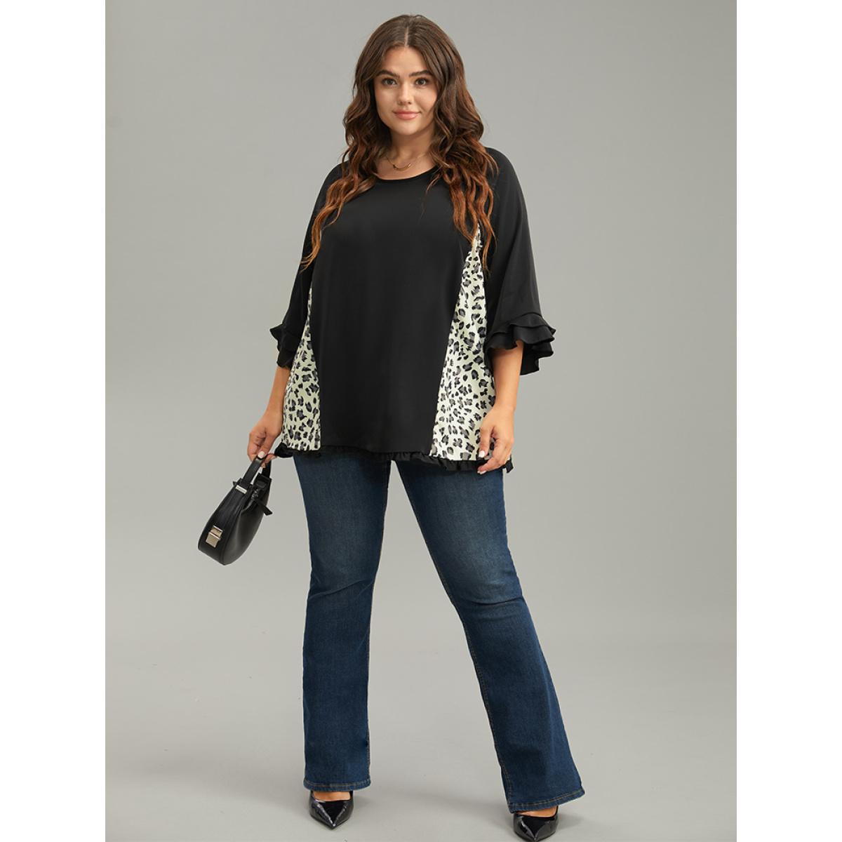 Plus Size Black Leopard Print Patchwork Frill Trim Blouse Women Elegant Elbow-length sleeve Round Neck Dailywear Blouses BloomChic 28/5X Product Image