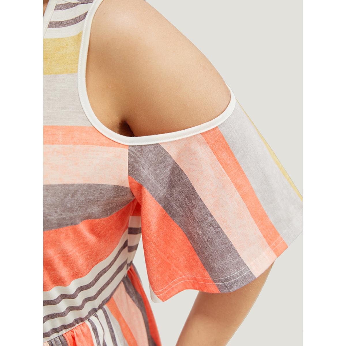Plus Size Striped Contrast Pocket Cold Shoulder Ruffle Midi Dress Multicolor Women Casual Contrast Cold Shoulder Short sleeve Curvy Midi Dress BloomChic 10/M Product Image