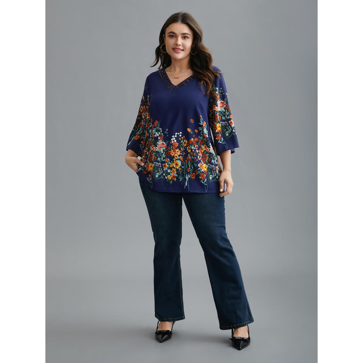 Plus Size Indigo Floral V Neck Cut-Out Lace Blouse Women Elegant Elbow-length sleeve V-neck Everyday Blouses BloomChic 22-24/3X Product Image