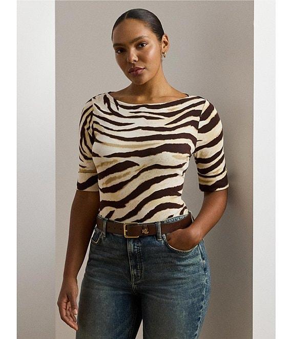 Lauren Ralph Lauren Plus Size Stretch Cotton Zebra Boat Neck Elbow Sleeve Tee Product Image