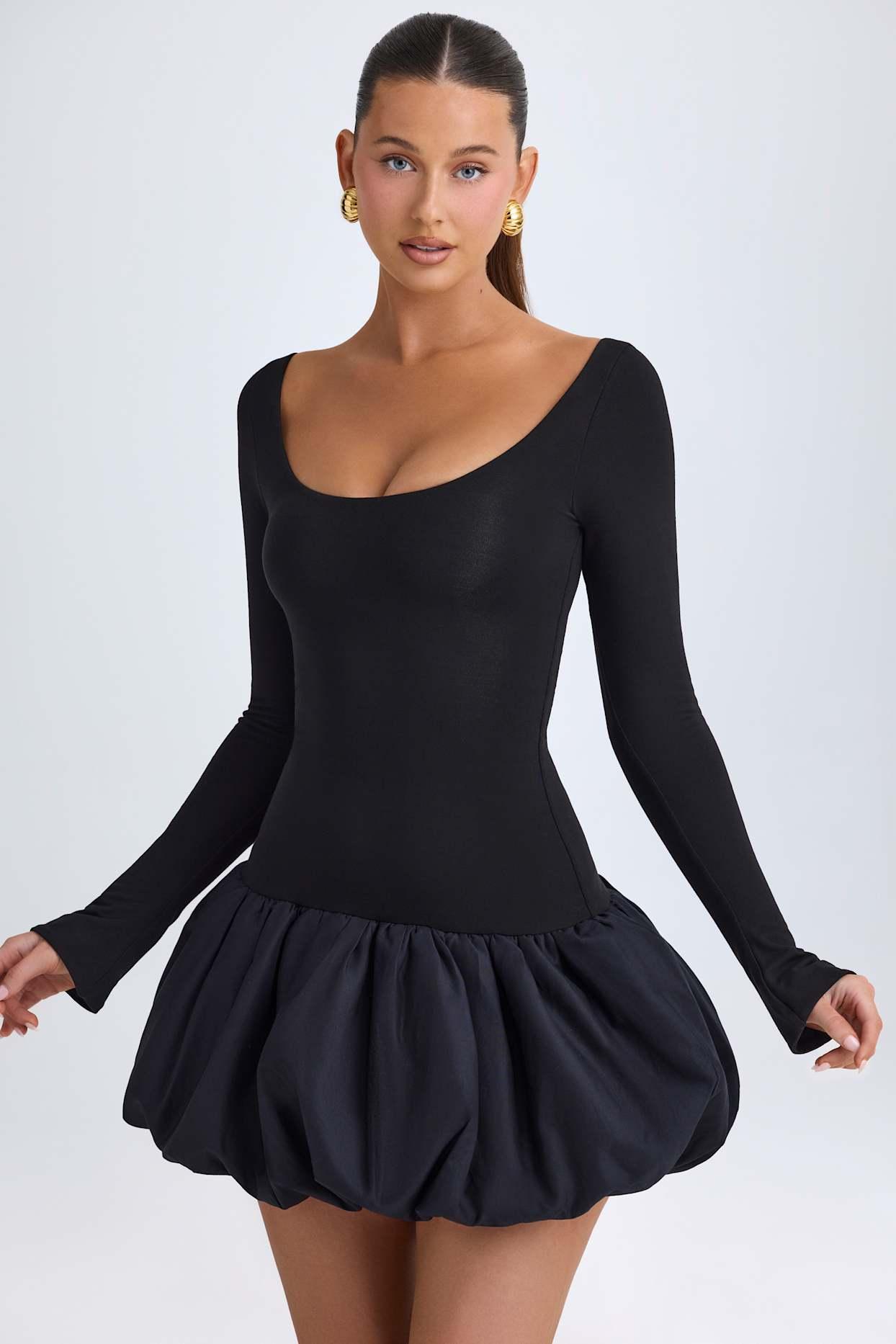 Scoop-Neck Drop-Waist Bubble Hem Mini Dress in Black Product Image