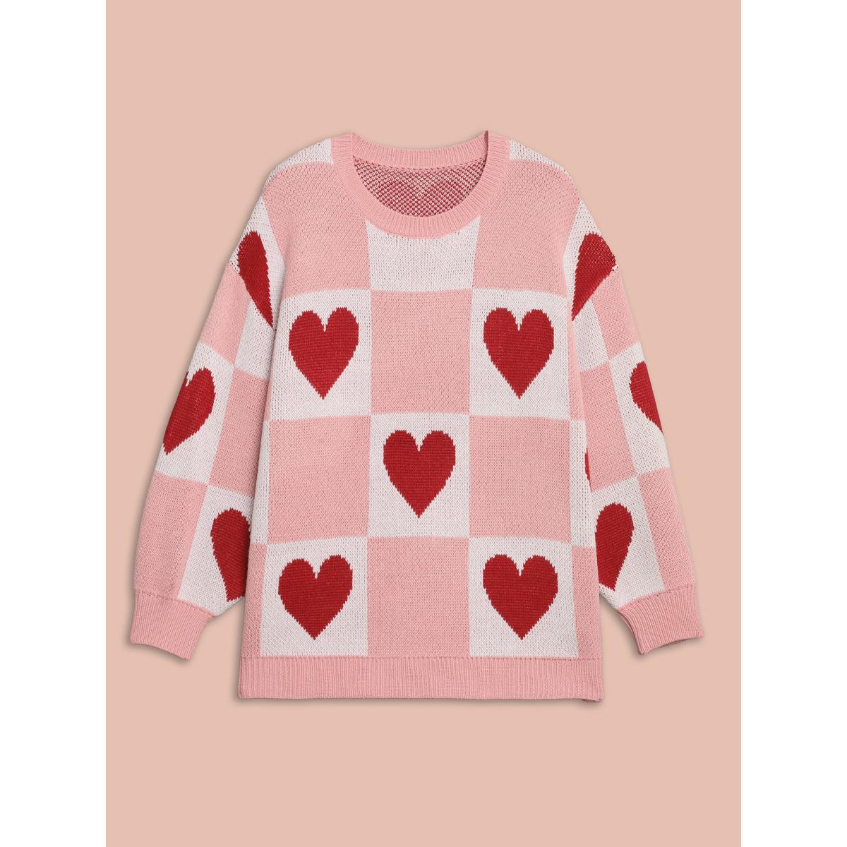 Plus Size Checkered Hearts Jacquard Color-Contrast Pullover Watermelon Women Casual Loose Long Sleeve Round Neck Everyday Pullovers BloomChic 28/5X Product Image