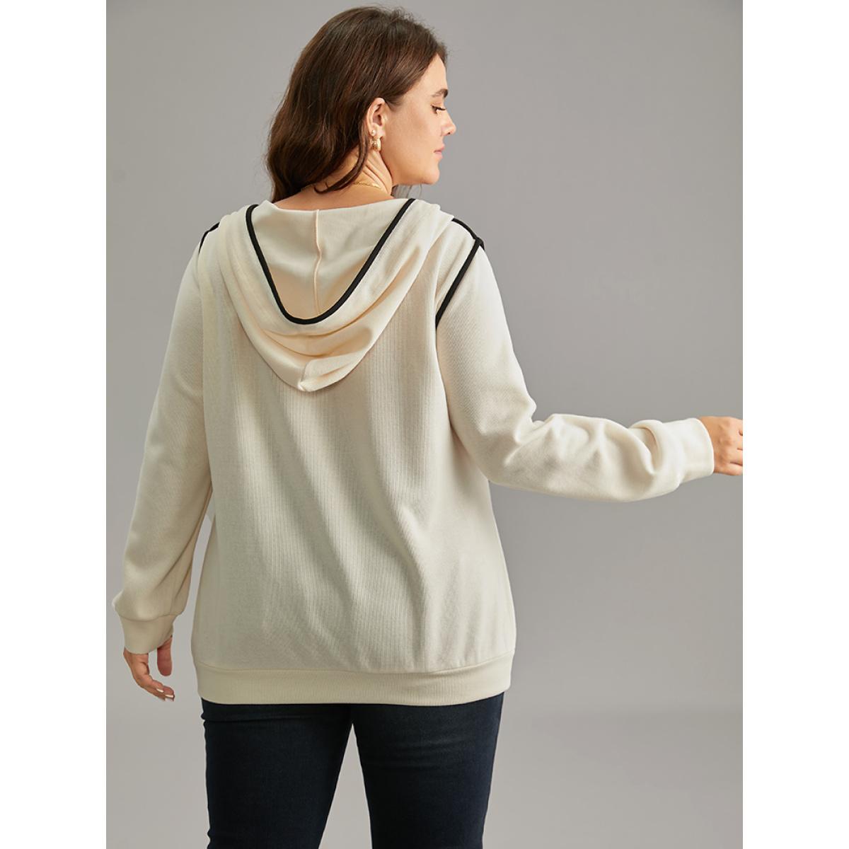 Plus Size Contrast Hooded Tassel Trim Knit Sweatshirt Women White Casual Tassels Hooded Everyday Sweatshirts BloomChic 26/4X Product Image