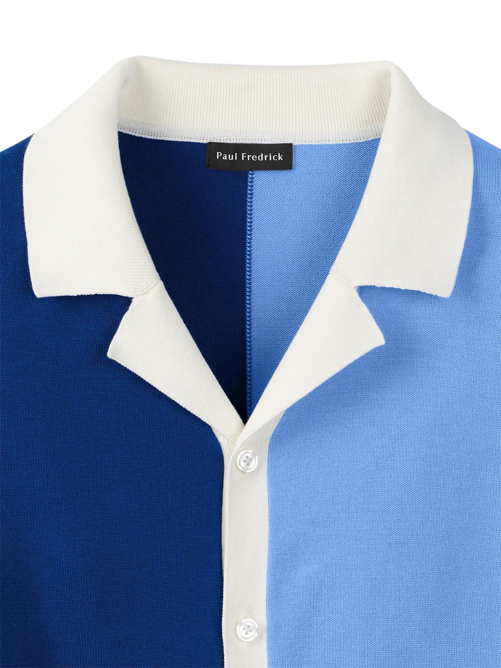 Cotton Button Front Camp Collar Sweater - Blue Product Image