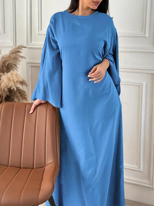 High-Low Long Sleeves Solid Color Round-Neck Maxi Dresses Product Image