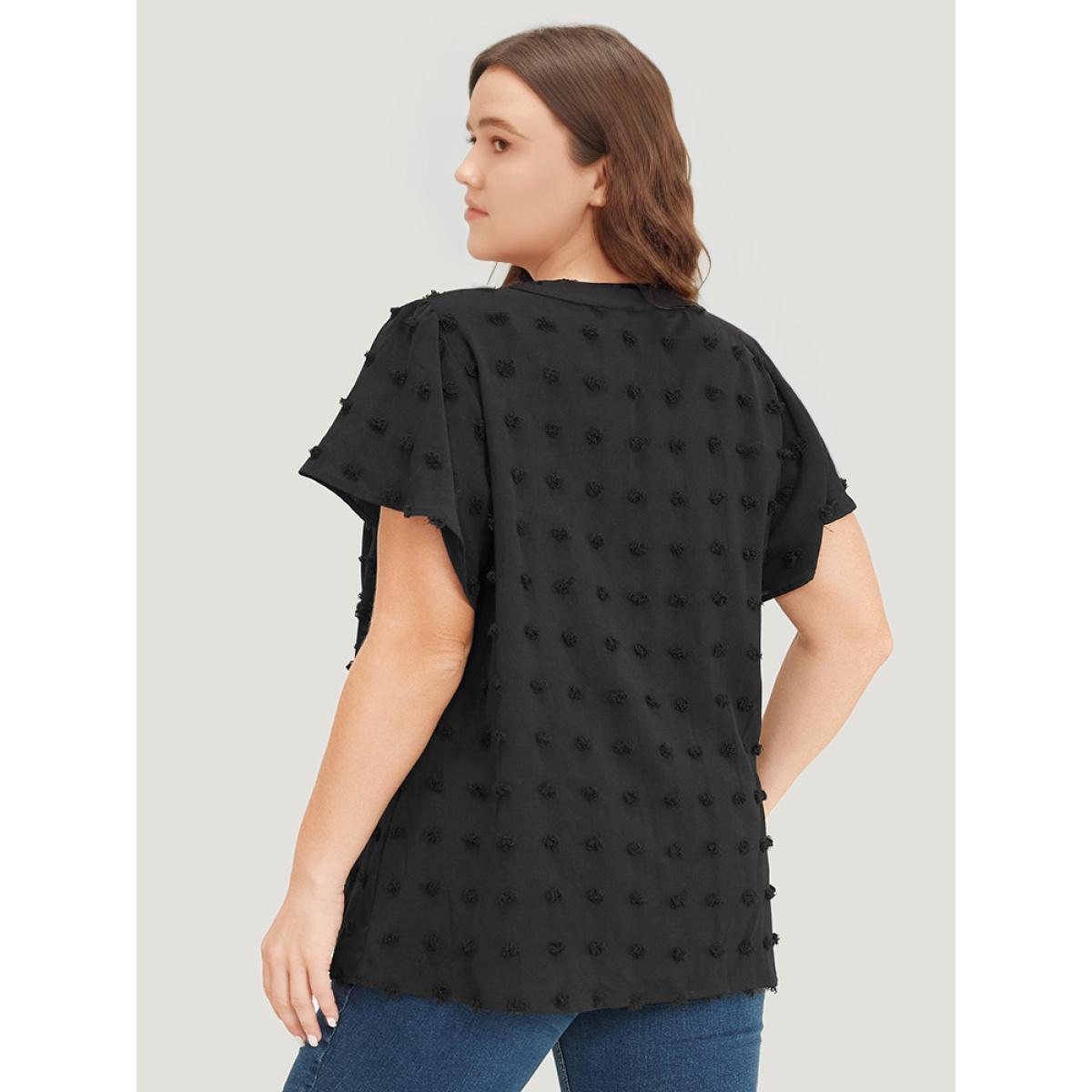Plus Size Black Polka Dot Notched Neck Flutter Sleeve Blouse Women Office Short sleeve Notched collar Dailywear Blouses BloomChic 14-16/1X Product Image