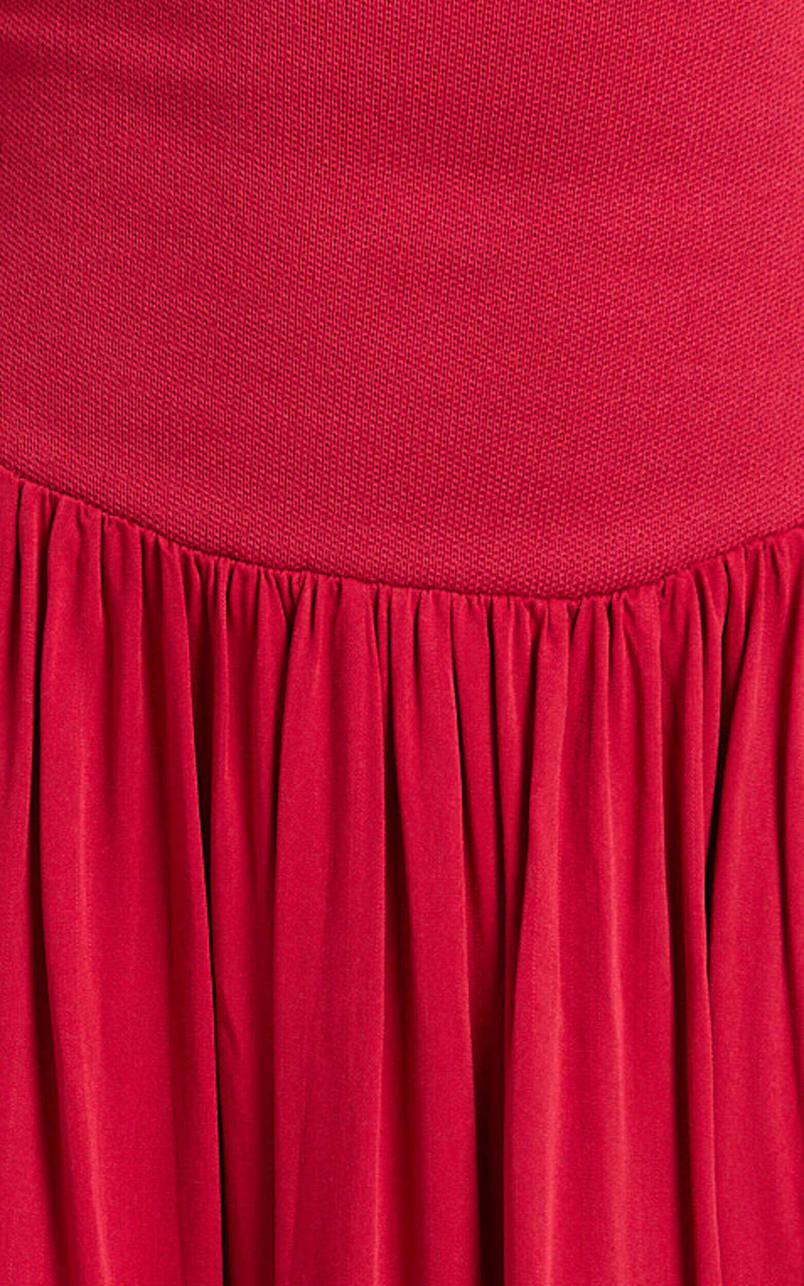 Harlee Maxi Dress - Strapless Drop Waist Knit Bodice Full Gathered Skirt Dress in Red Product Image