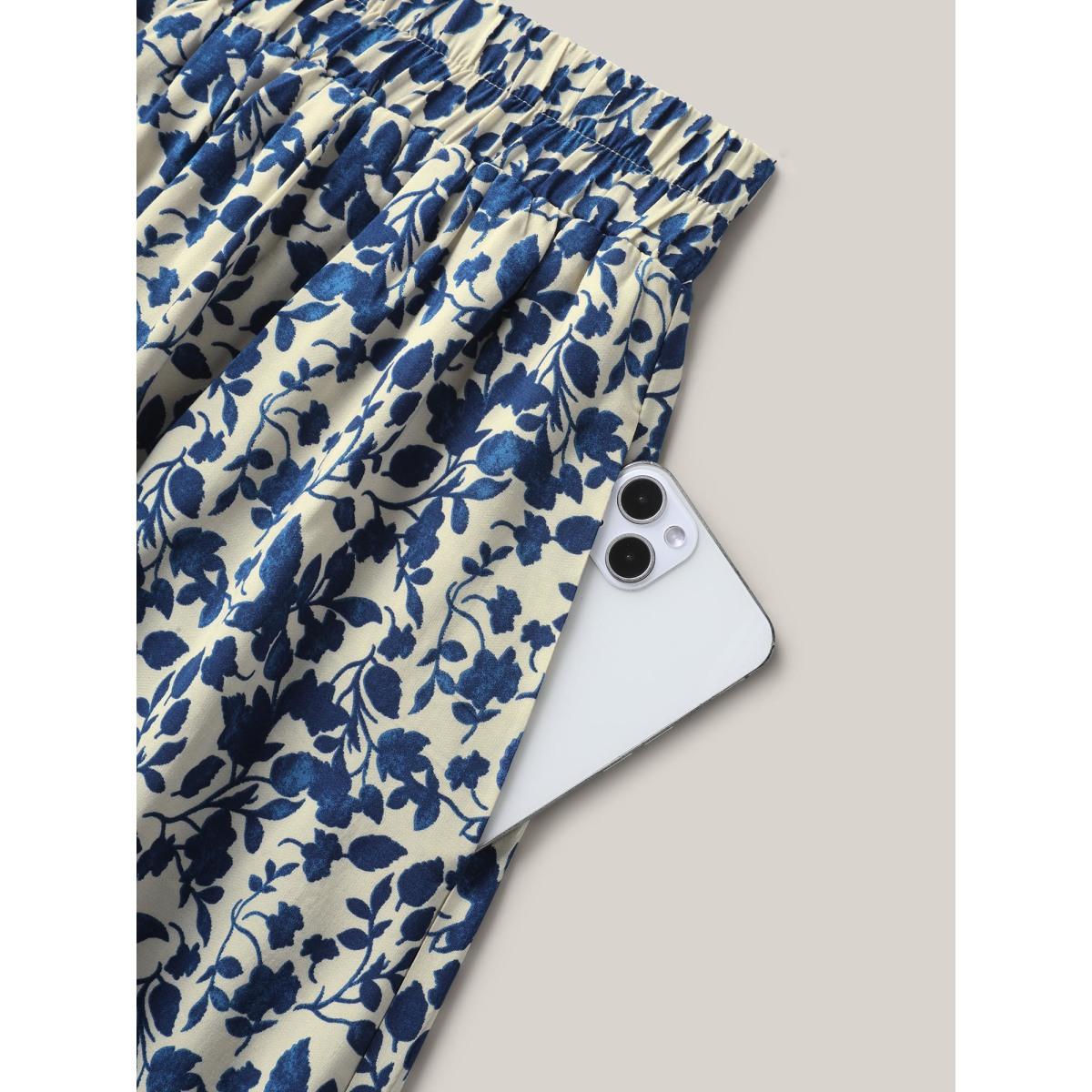 Plus Size Boho Floral Print Shirred Waist Midi Skirt Women Indigo Elegant Shirred Bodycon Low stretch Slanted pocket Everyday Skirts BloomChic 22-24/3X Product Image