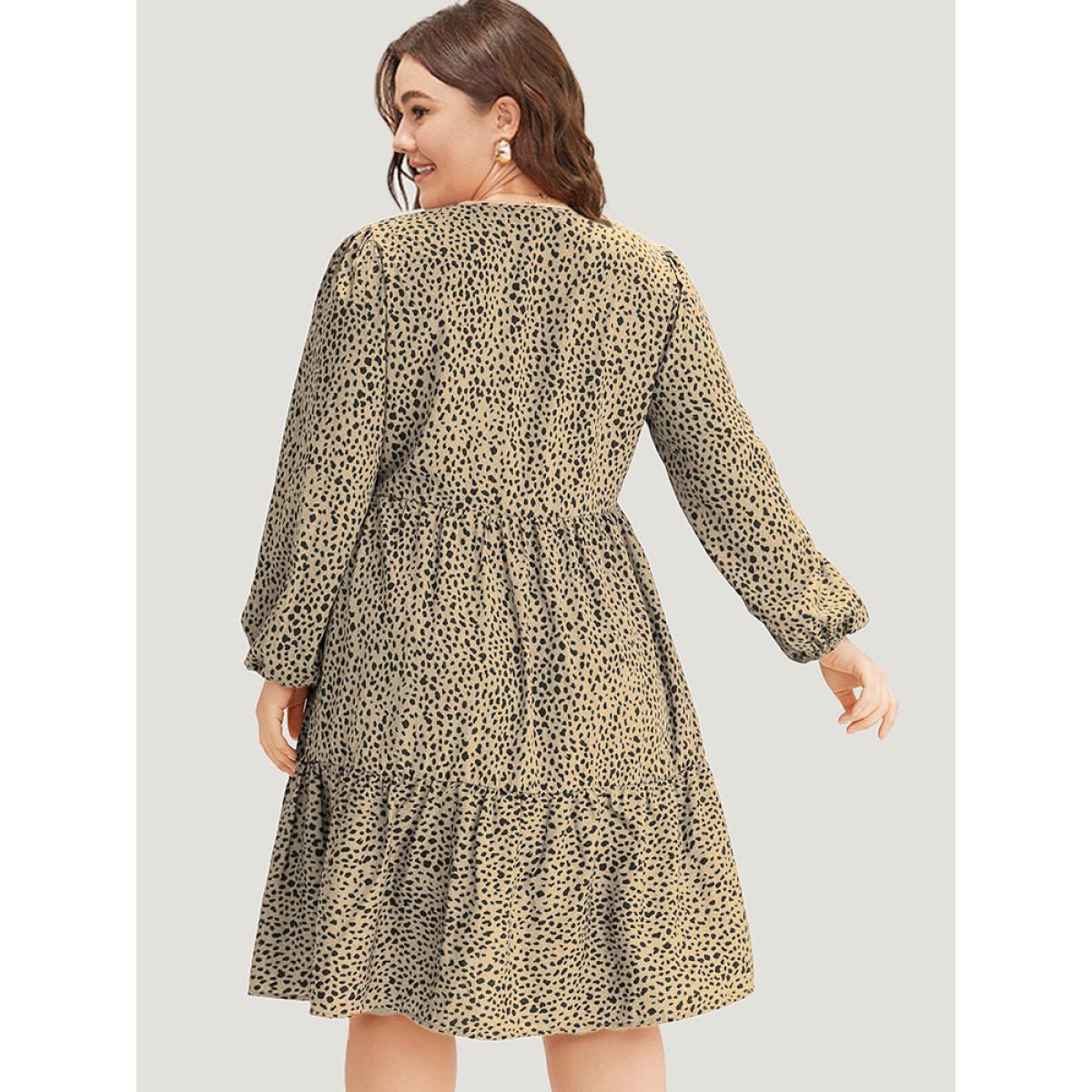 Plus Size Leopard Lantern Sleeve V Neck Pocket Dress Tan Women Elegant Elastic cuffs V-neck Long Sleeve Curvy Midi Dress BloomChic 10/M Product Image
