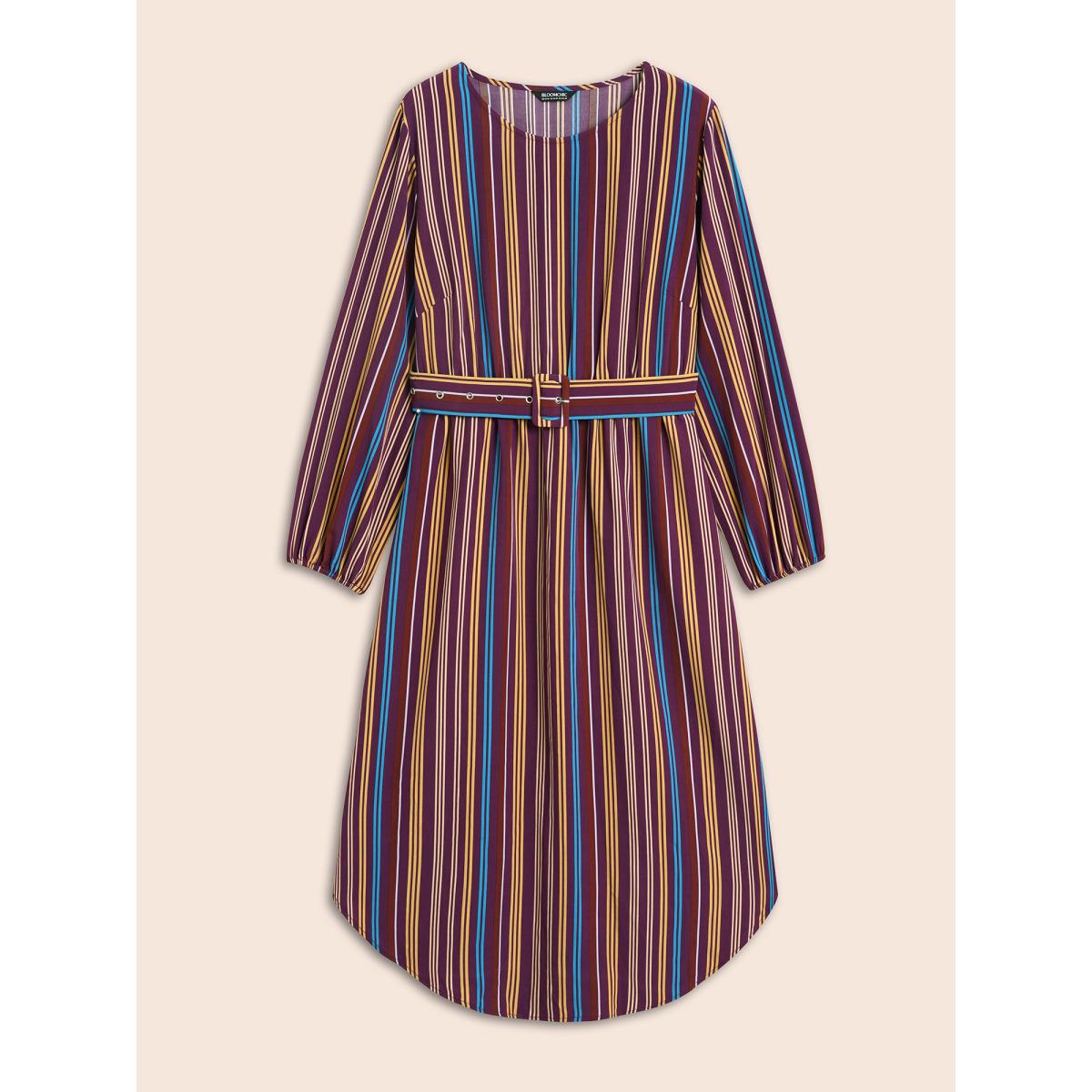 Plus Size Round Neck Contrast Striped Belted Dress Deeppurplered Women At the Office Belted Round Neck Long Sleeve Curvy BloomChic 28/5X Product Image
