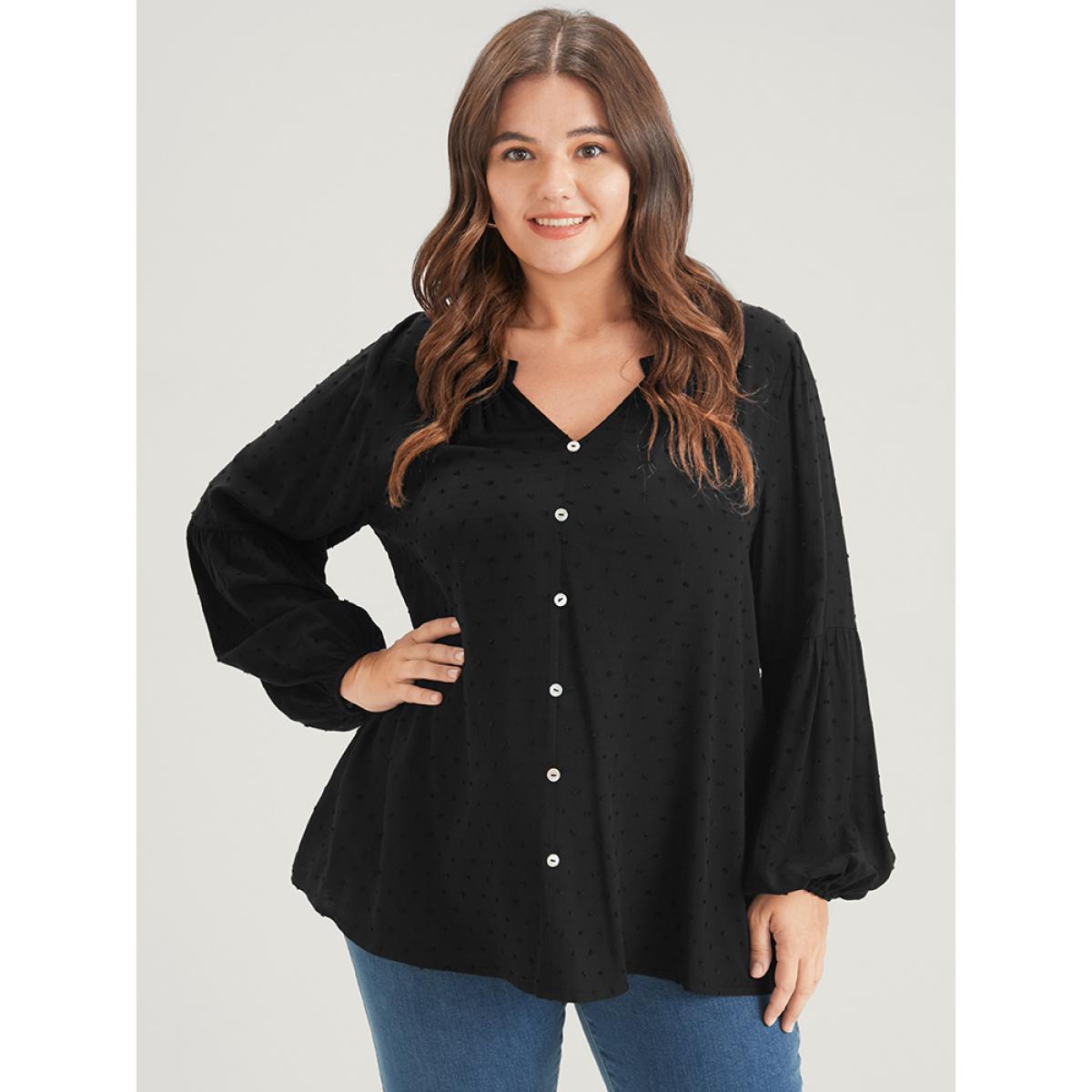 Plus Size Black Solid Button Lantern Sleeve Polka Dot Blouse Women Basics Cap Sleeve V-neck Office Blouses BloomChic 28/5X Product Image