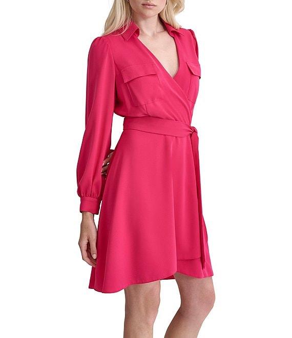 DKNY by Donna Karan Collared Surplice V-Neckl Long Sleeve Dress Product Image