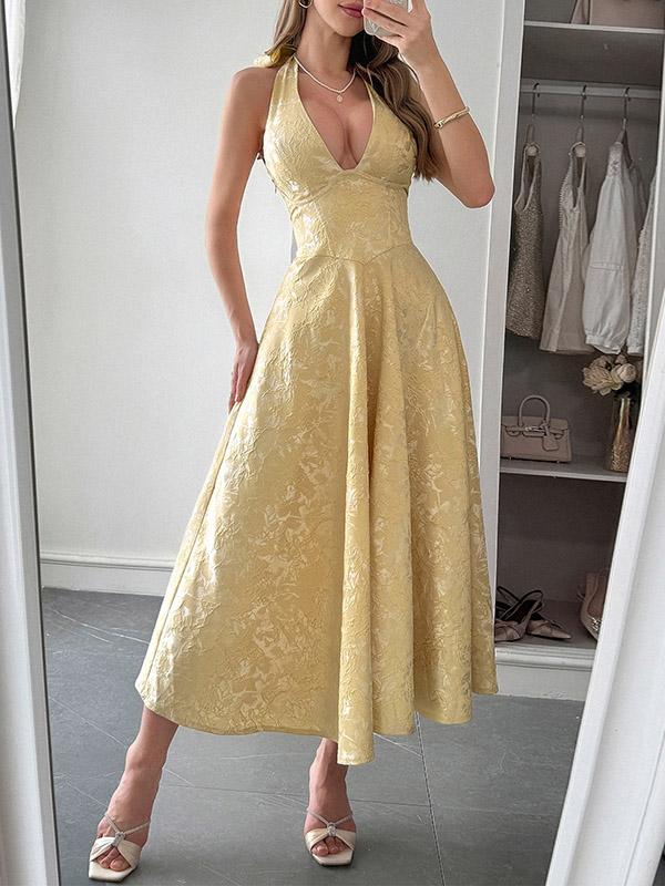 A-Line High Waisted Backless Drawstring Jacquard Pleated Solid Color Tied Deep V-Neck Midi Dresses Product Image