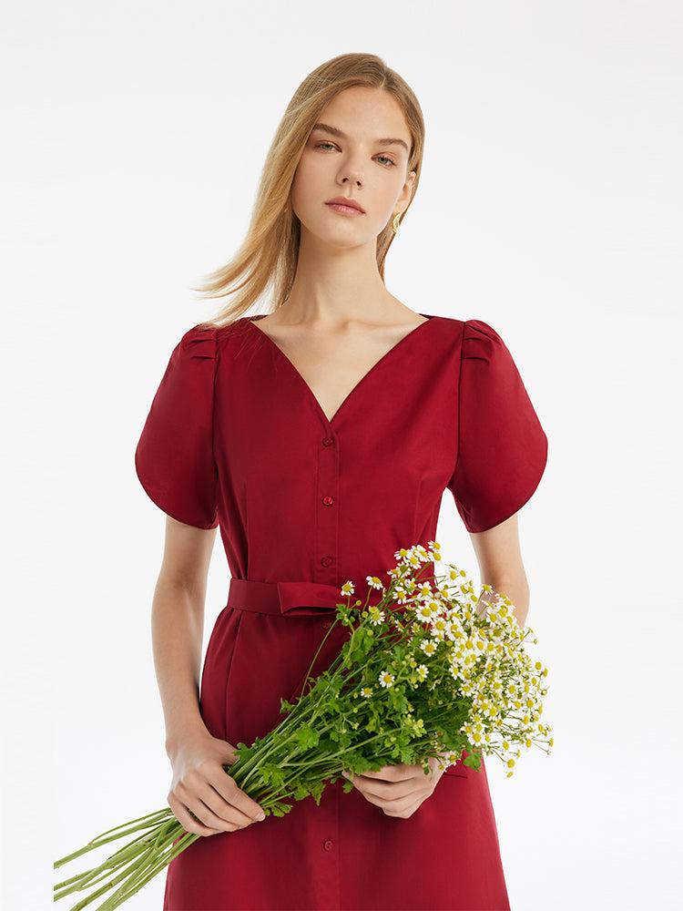 Petal Sleeves Gathered Waist V-Neck Women Midi Dress With Belt Product Image