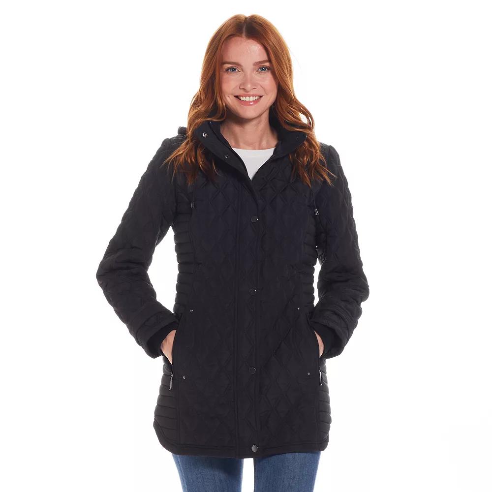Women's Weathercast Ribbed Knit Quilted Hooded Walker Jacket, Size: Small, Black Product Image