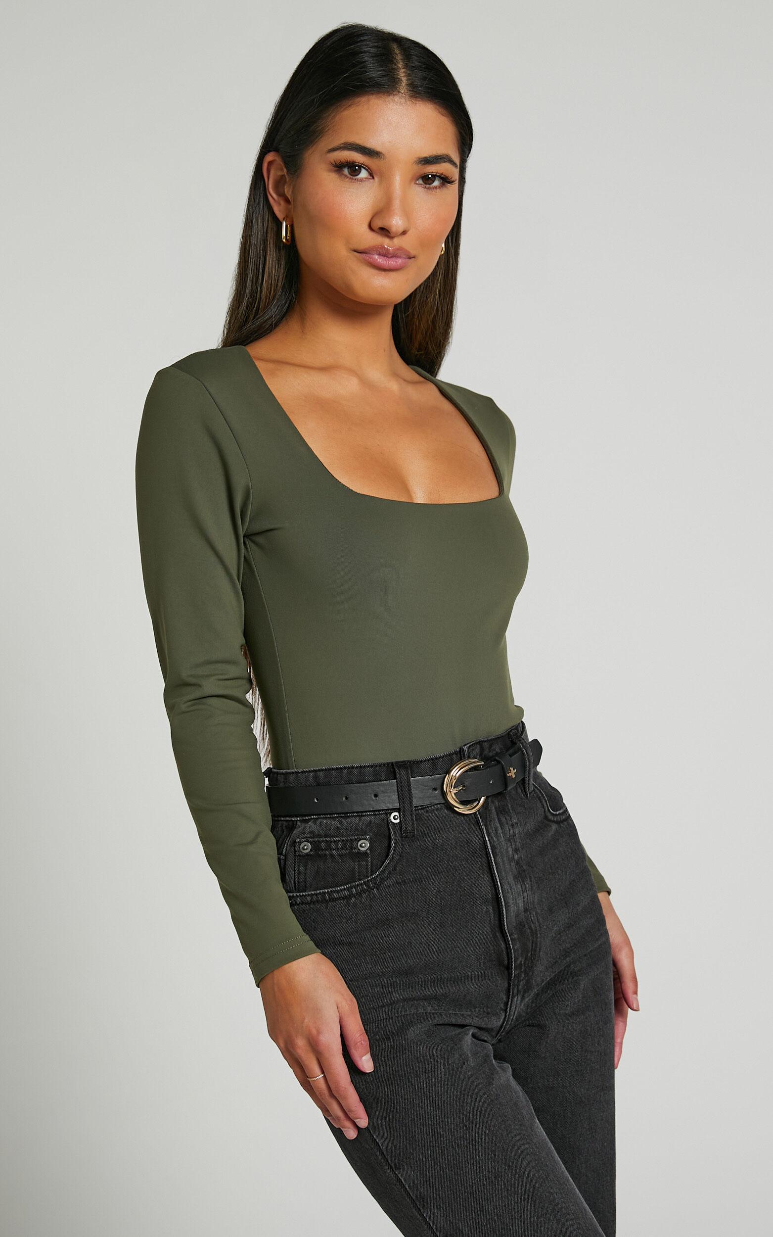 Elia Bodysuit - Square Neck Long Sleeve Bodysuit in Olive Product Image