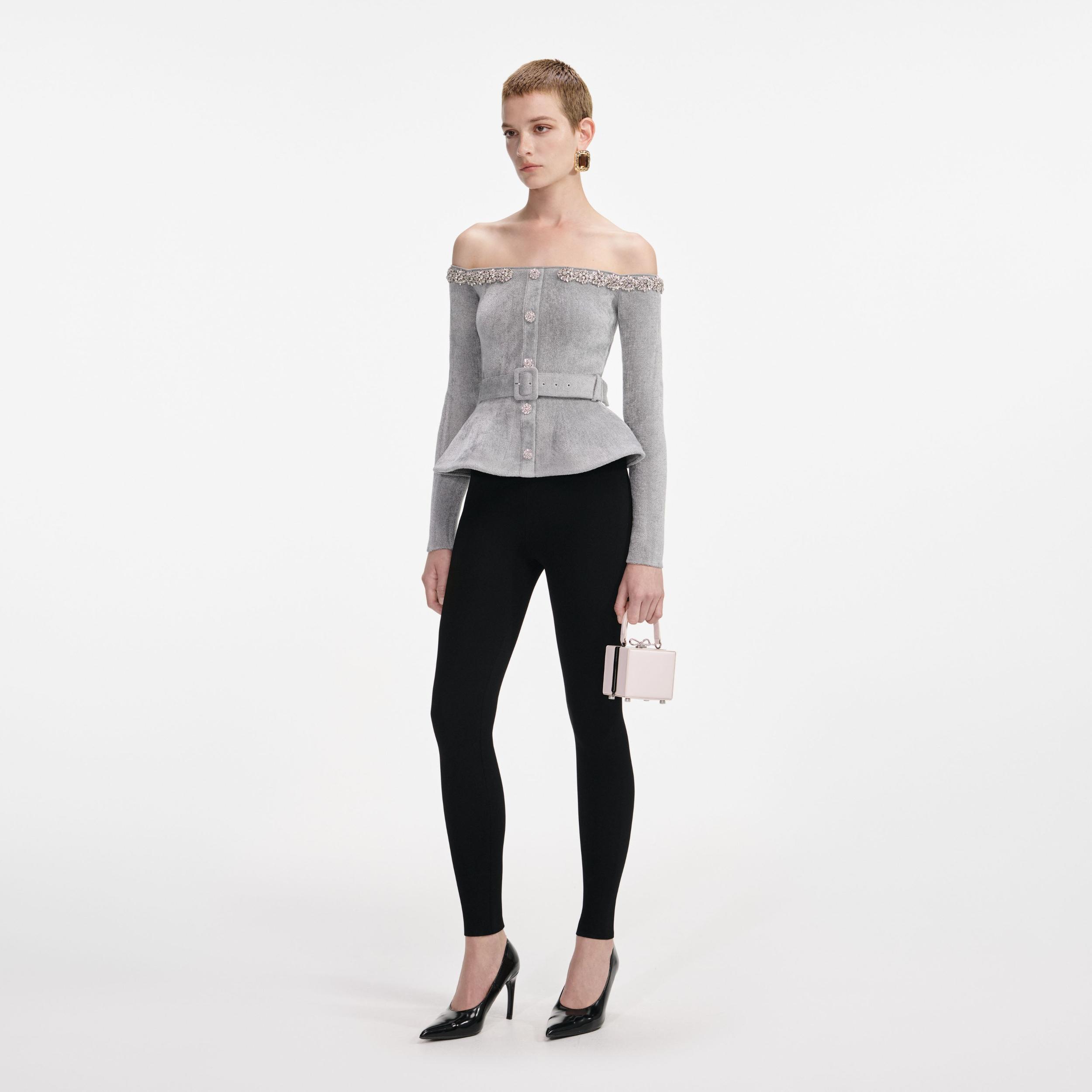 Grey Chenille Knit Crystal Trim Top Product Image