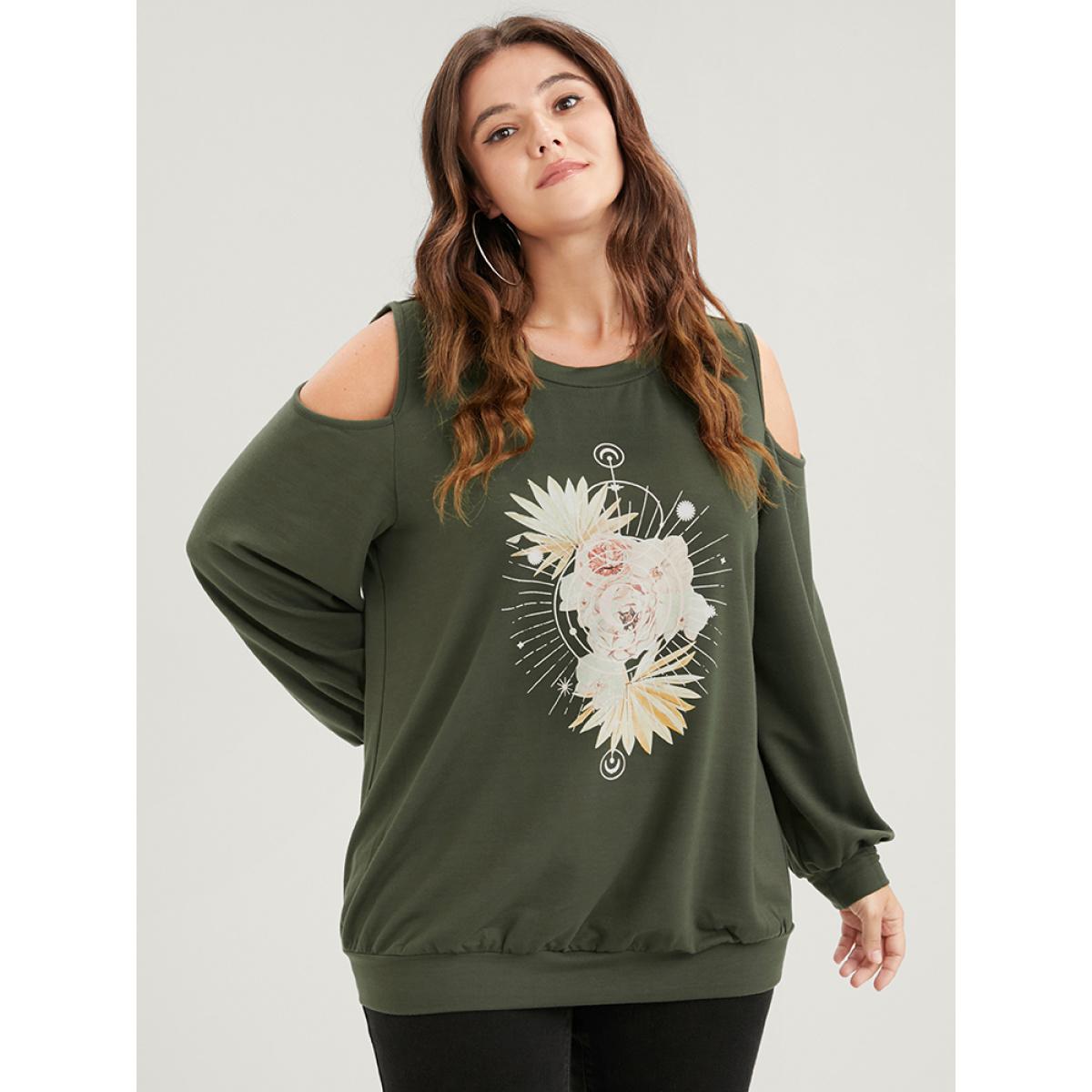 Plus Size Floral Print Cold Shoulder Sweatshirt Women ArmyGreen Elegant Printed Loose Round Neck Dailywear Sweatshirts BloomChic 18-20/2X Product Image