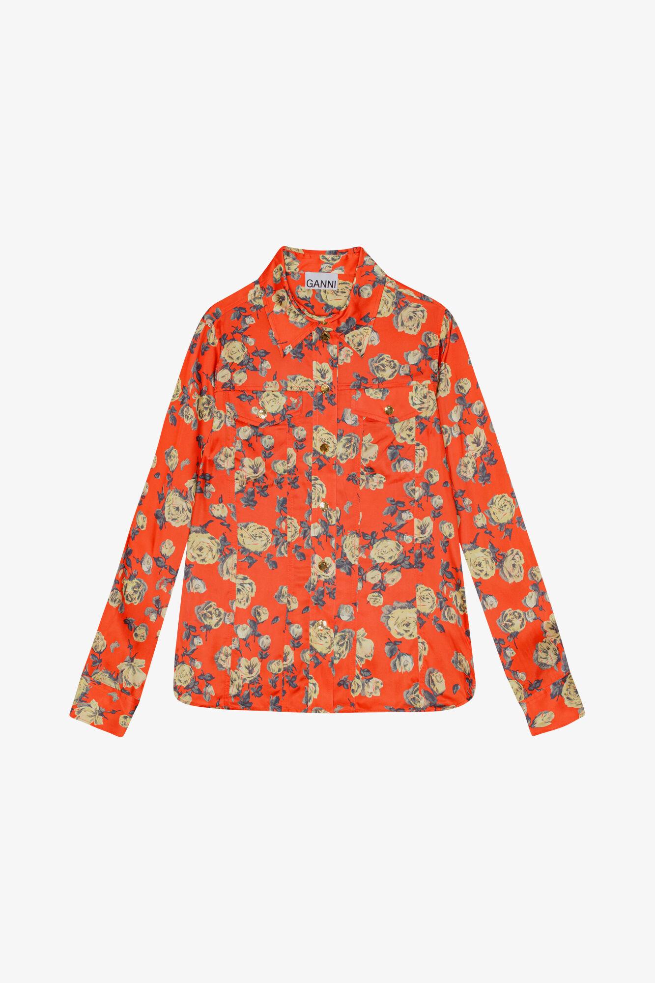 Orange Floral Printed Satin Shirt Product Image
