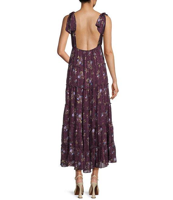 Storia Floral Print Plunge Neck Tie-Shoulder Tiered Open Back Midi Dress Product Image