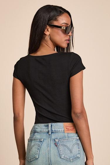Jacqueline Black Ribbed Knit Short Sleeve Bodysuit Product Image