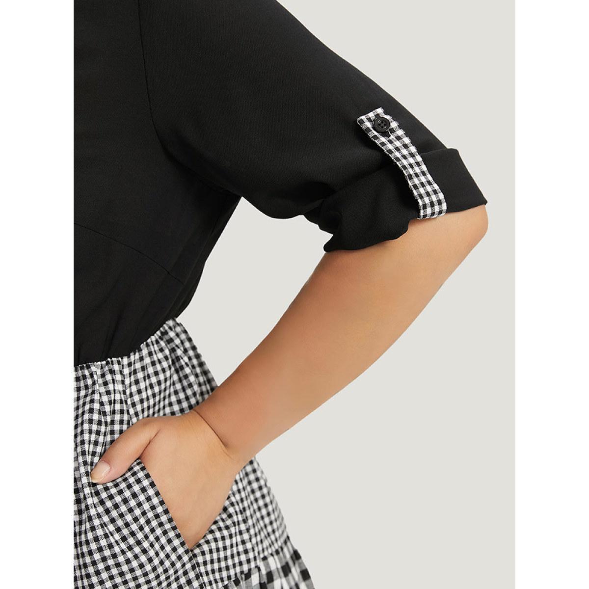 Plus Size Gingham Patchwork Pocket Tab Sleeve Dress BlackFlower Women Casual Patchwork Round Neck Short sleeve Curvy Midi Dress BloomChic 14-16/1X Product Image