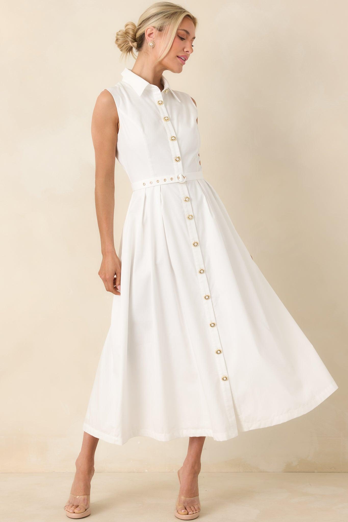 What Can I Say White Cotton Sleeveless Button Front Belted Maxi Dress Product Image