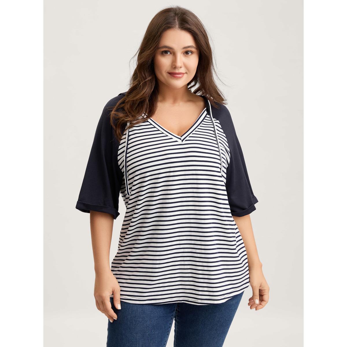 Plus Size Striped Raglan Hooded Contrast T-Shirt Indigo Women Contrast Hooded Everyday-Casual T-shirts BloomChic 12/L Product Image