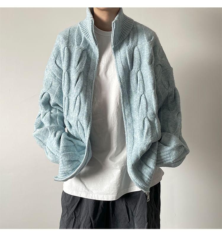 Stand Collar Plain Cable Knit Zip Cardigan Product Image