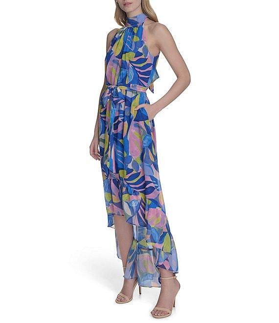 Eliza J Chiffon Floral Print Halter Neck Sleeveless Waist Tie Blouson Midi Dress Product Image