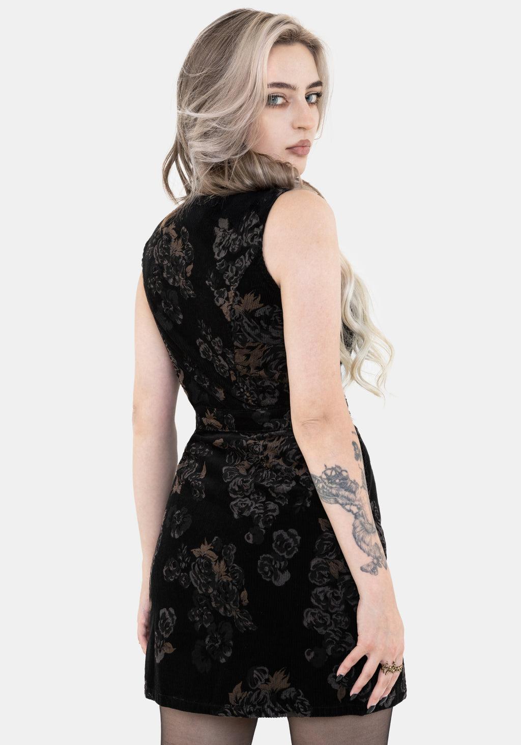 Fleur Corduroy Deep V Neck Floral Print Mini Dress Product Image