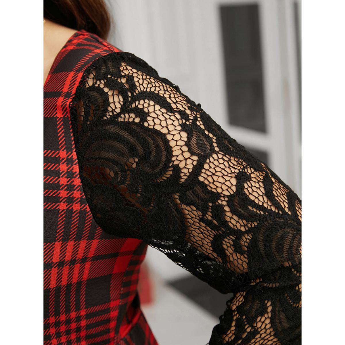 Plus Size Plaid Pocket Contrast Lace V Neck Midi Dress Red Women Elegant Patchwork V-neck Long Sleeve Curvy Midi Dress BloomChic 10/M Product Image
