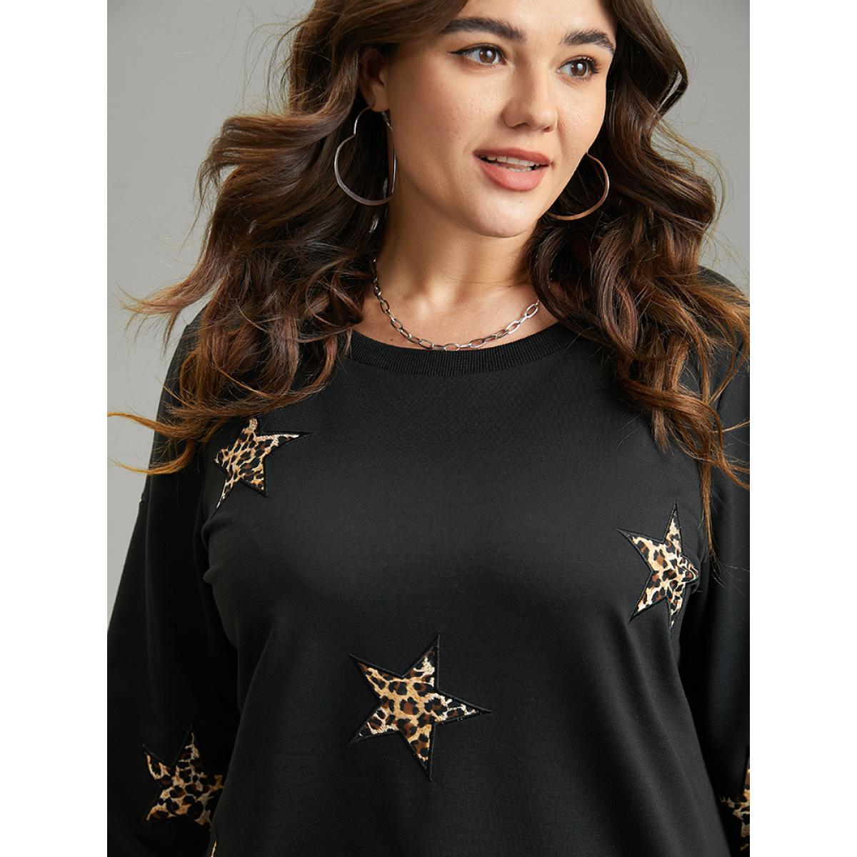 Plus Size Leopard Star Rib Knit Crew Neck Sweatshirt Women Black Casual Rib Knit Round Neck Dailywear Sweatshirts BloomChic 26/4X Product Image
