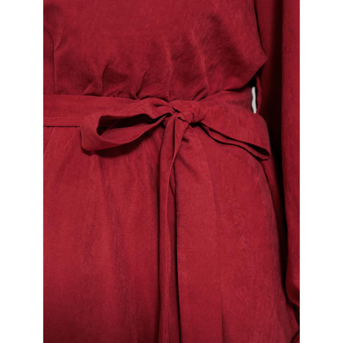 Plus Size Solid Round Neck Pocket Belted Lantern Sleeve Dress Scarlet Women Dating Round Neck Long Sleeve Curvy Midi Dress BloomChic 12/L Product Image