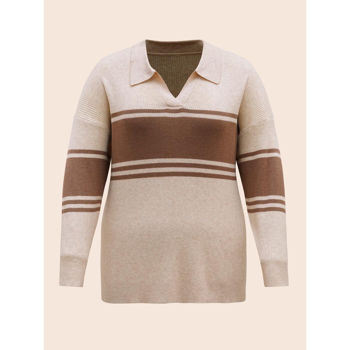 Plus Size Colorblock Contrast Striped Polo Neck Pullover Beige Women Casual Long Sleeve Polo Everyday Pullovers BloomChic 14-16/1X Product Image