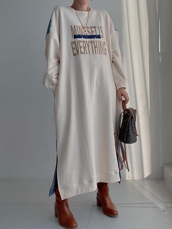 Original Loose Long Sleeves Letter Print Split-Side Split-Joint Round-Neck Midi Dresses Product Image