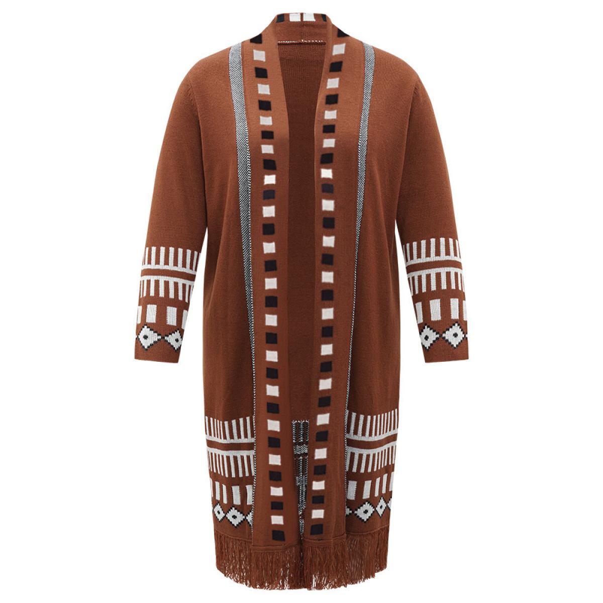 Plus Size Geometric Tassel Trim Open Front Cardigan Maroon Women Casual Loose Long Sleeve Dailywear Cardigans BloomChic 14-16/1X Product Image