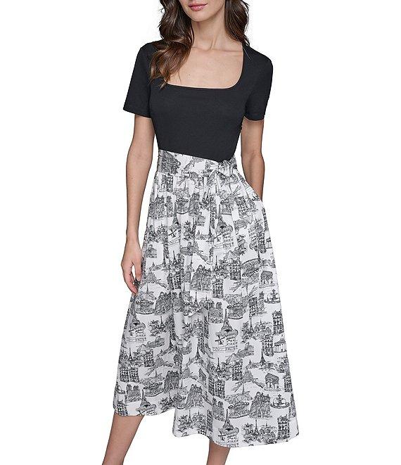 KARL LAGERFELD PARIS Mix Media Printed Square Neck Short Sleeve Waist Tie A-Line Midi Dress Product Image