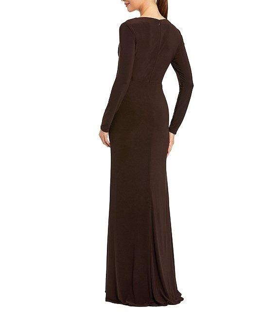 Mac Duggal Ruched Rhinestone Applique V-Neck Long Sleeve Gown Product Image