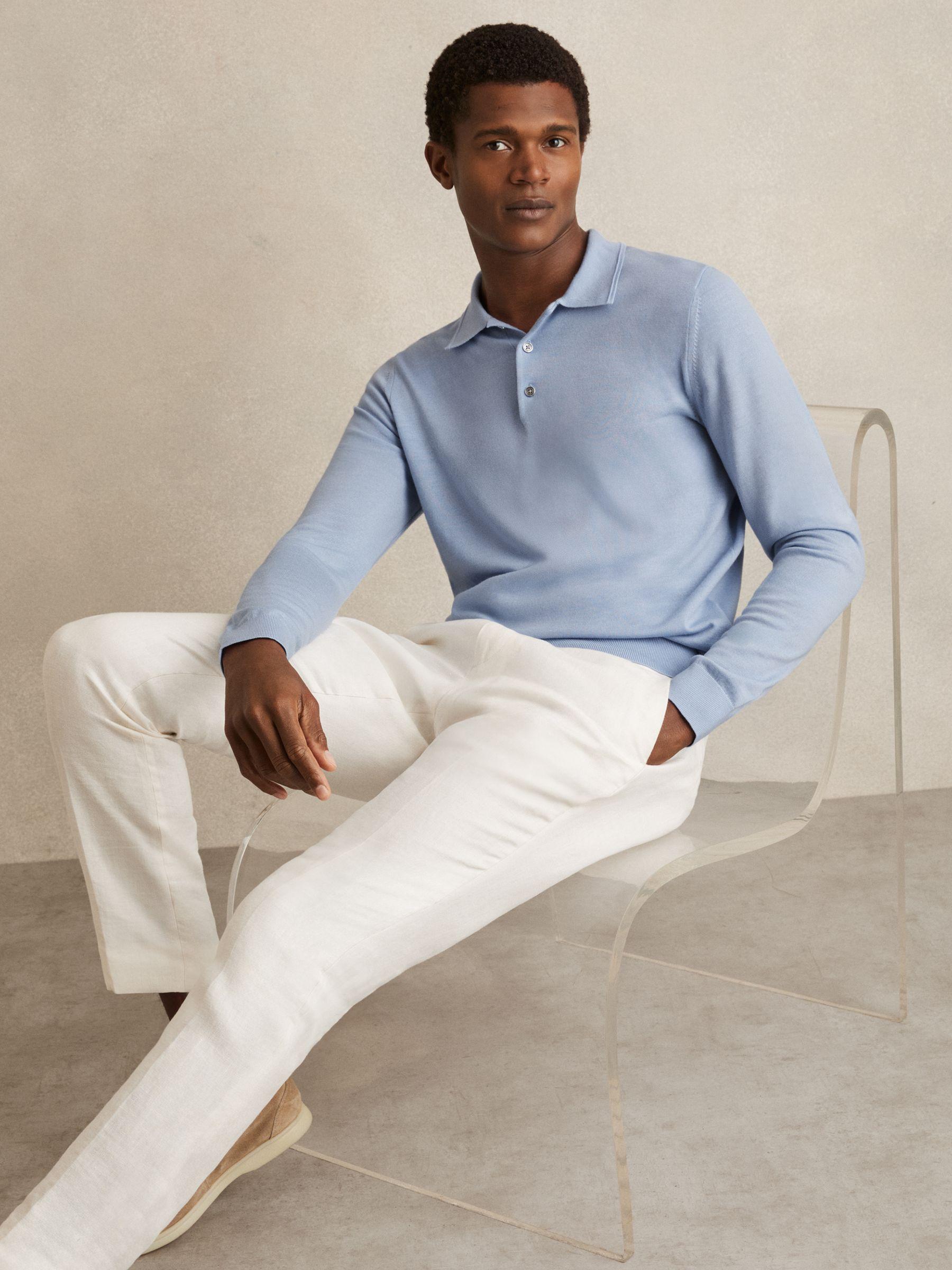 Merino Wool Long Sleeve Polo Shirt in Soft Blue Product Image