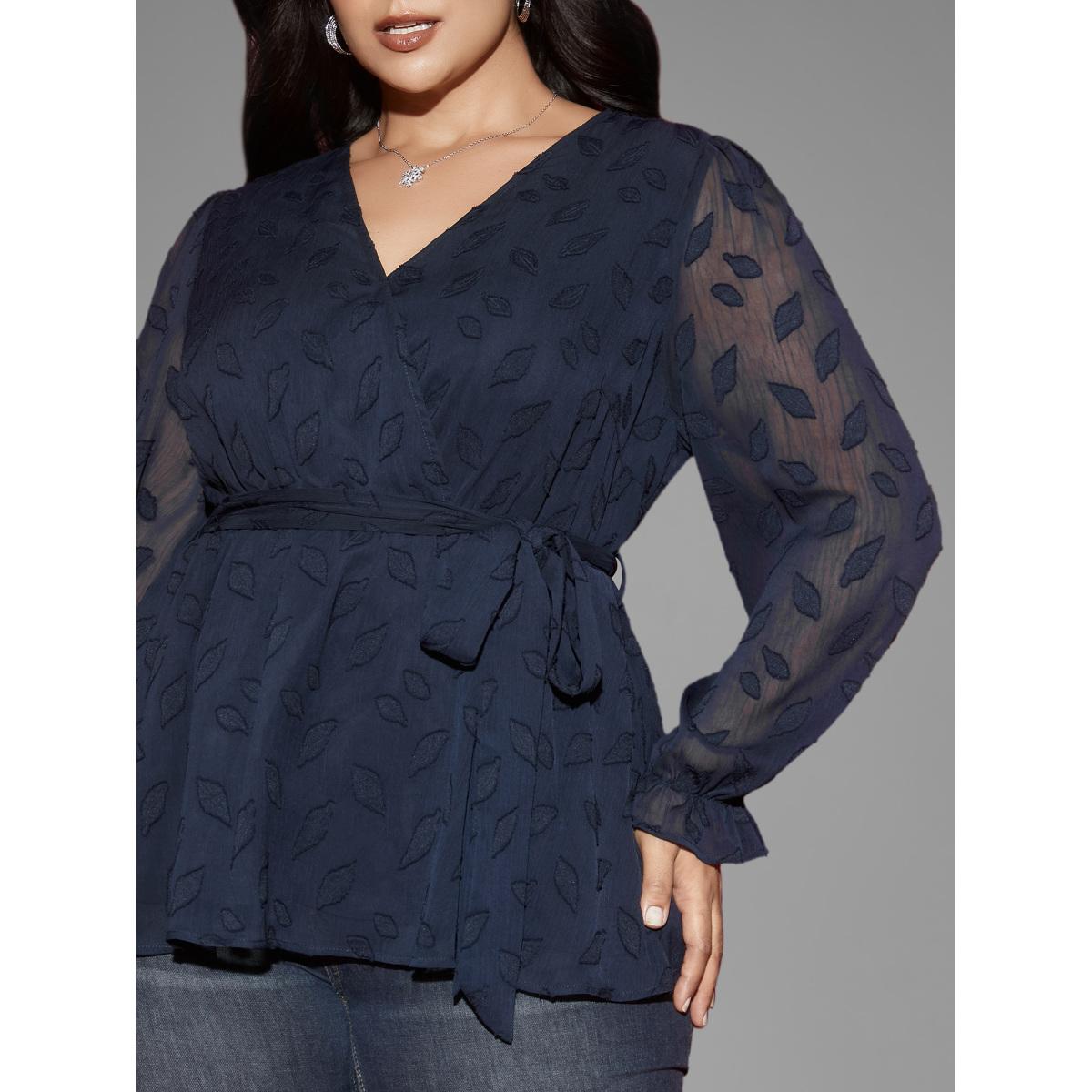 Plus Size Indigo Burn-out Fabric Surplice Neckline Shirt Women Cocktail Long Sleeve Overlap Collar Party Blouses BloomChic 18-20/2X Product Image