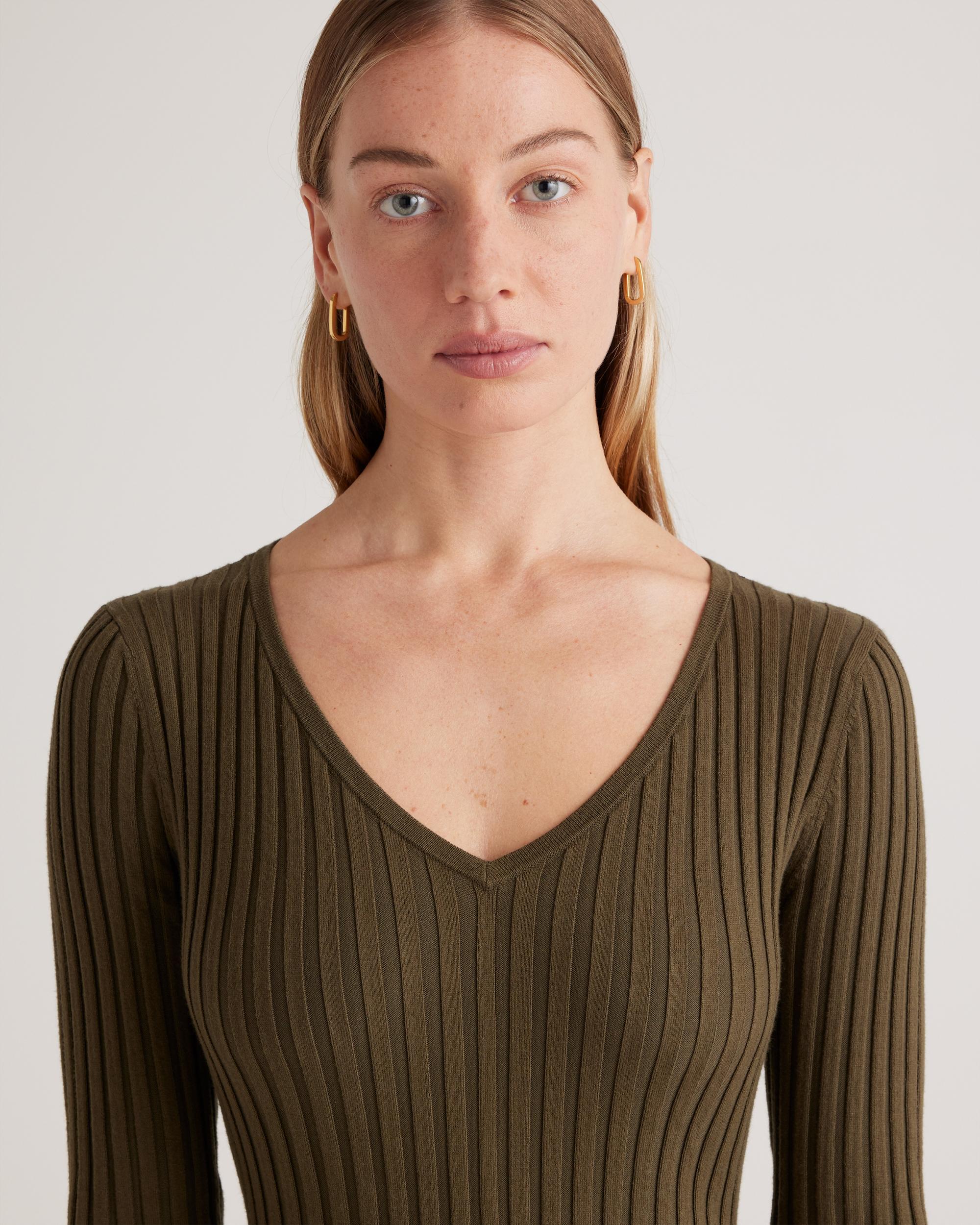 Quince | Women's Cotton Cashmere Ribbed Long Sleeve V-Neck Midi Dress Size XL Product Image