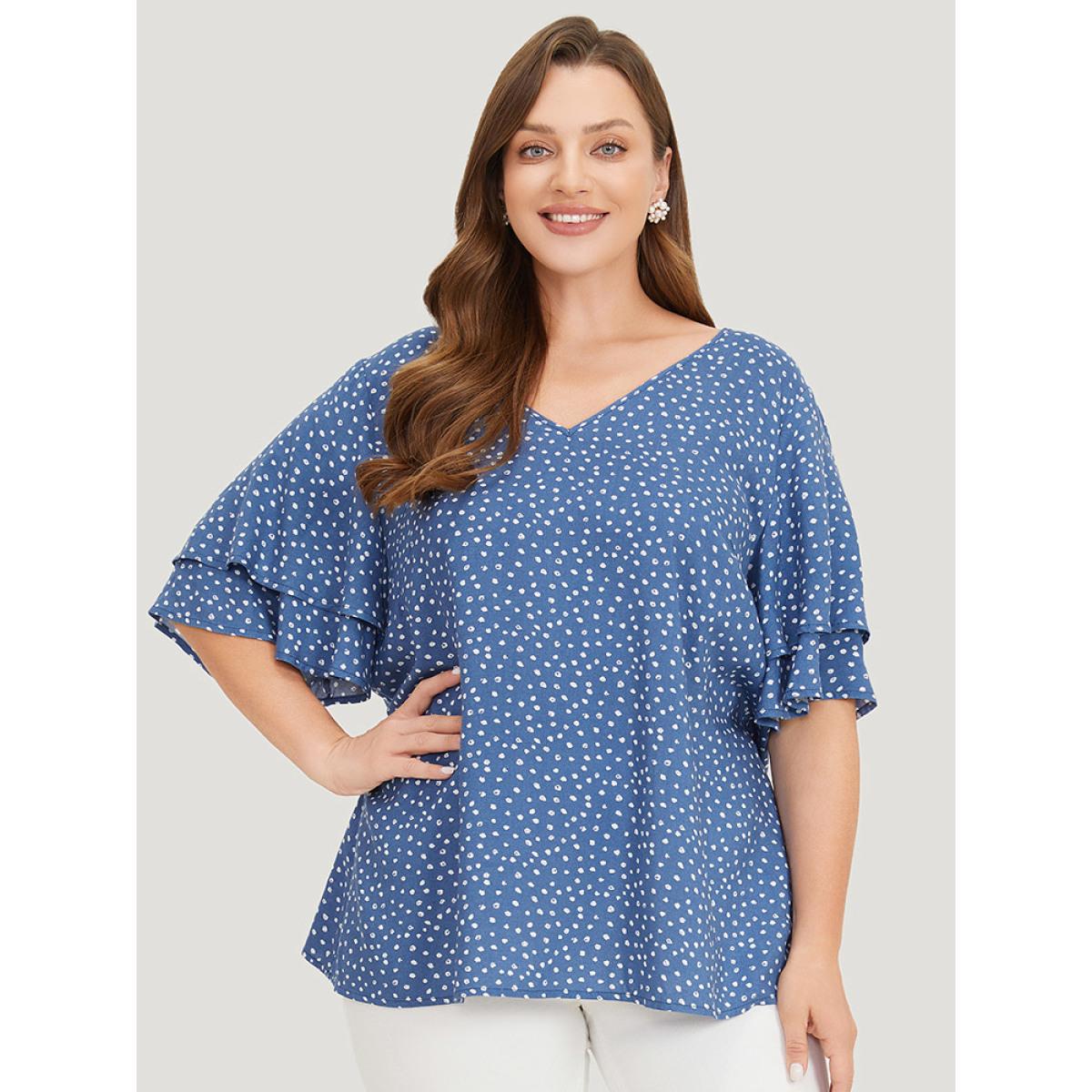 Plus Size Cerulean Polka Dot Flutter Sleeve Layered Blouse Women Elegant Half Sleeve V-neck Dailywear Blouses BloomChic 26/4X Product Image