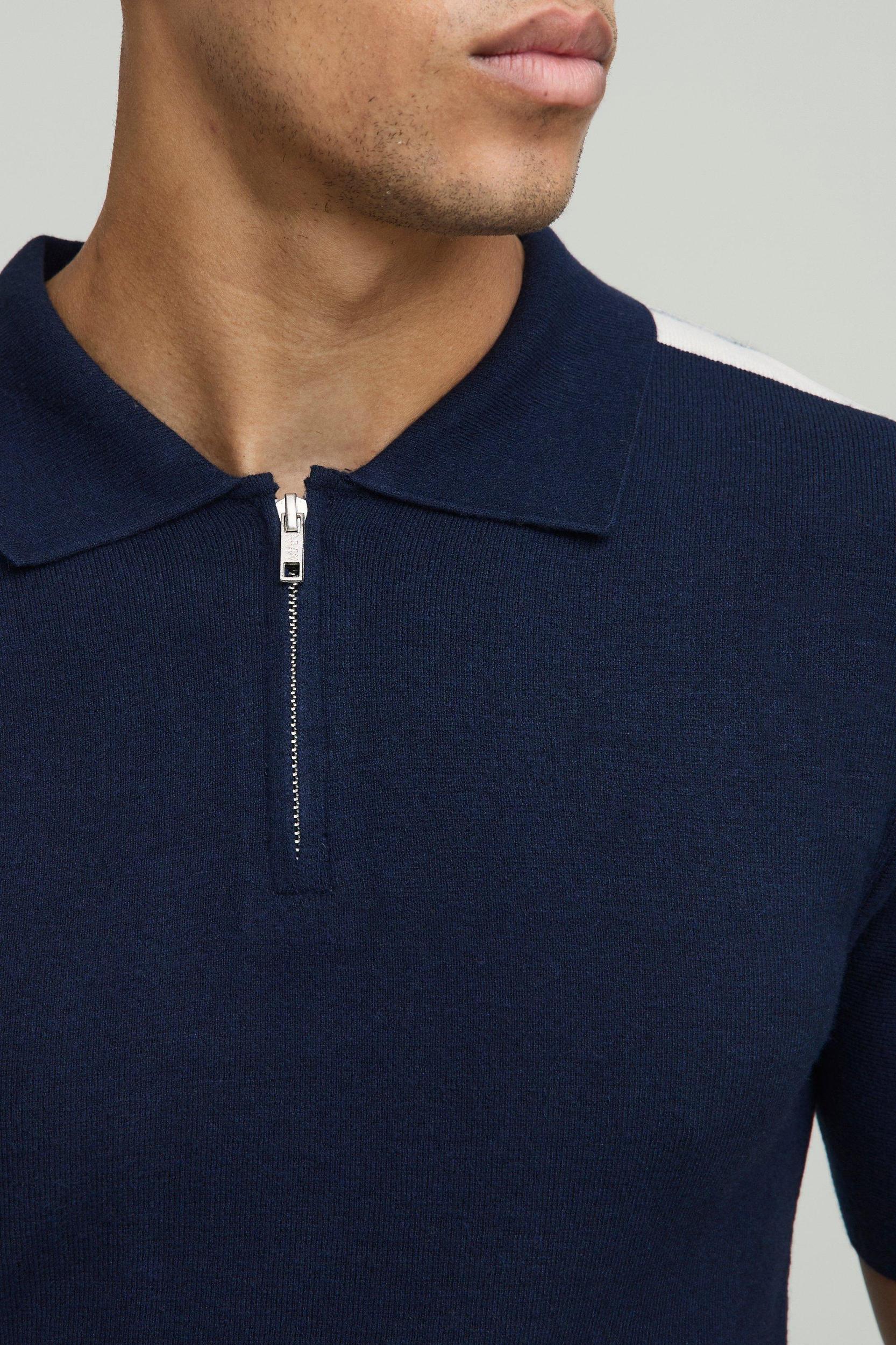 Muscle Fit Zip Neck Stripe Sleeve Knitted Polo | boohooMAN USA Product Image