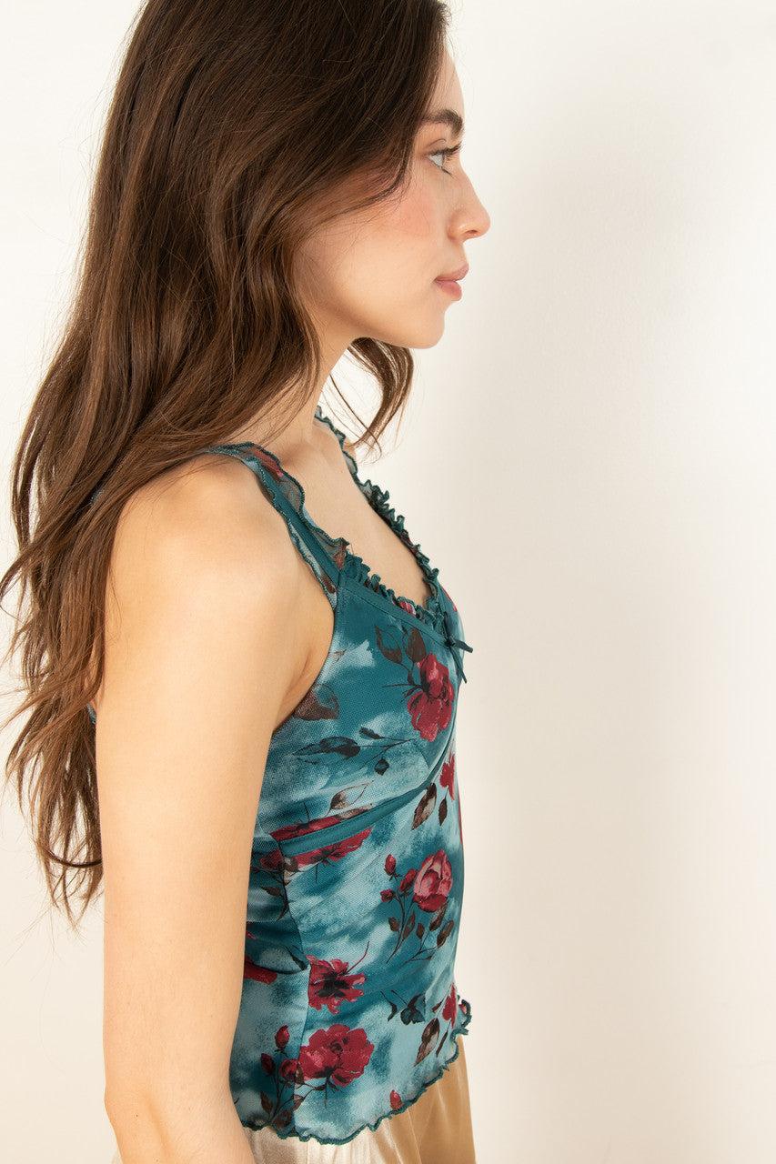 Teal Floral Ruffle Mesh Tank Product Image